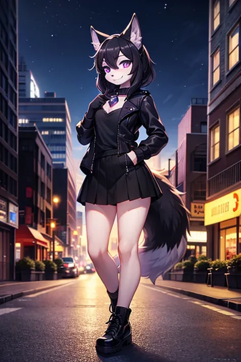 girl furry,black hair, Violet eyes, short snout, little smile, purple gem on chest, black jacket, Black gloves, Short black skirt, black shoes, Wolf Ears, wolf tail. (city at night in the background)