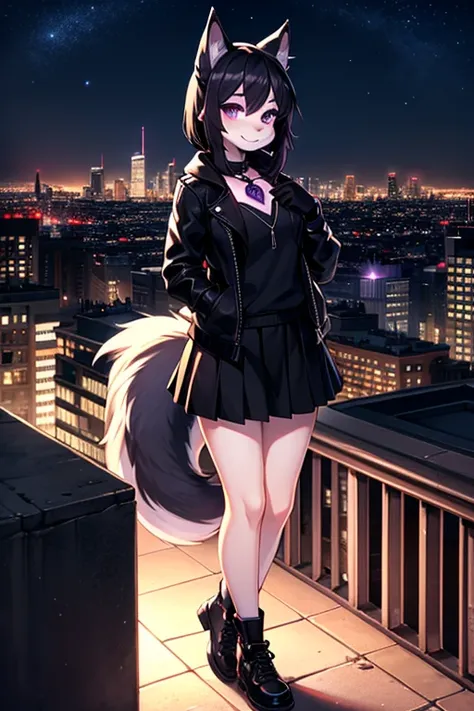 girl furry,black hair, Violet eyes, short snout, little smile, purple gem on chest, black jacket, Black gloves, Short black skirt, black shoes, Wolf Ears, wolf tail. (city at night in the background)