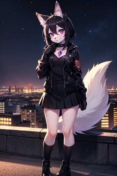 girl furry,black hair, Violet eyes, short snout, little smile, purple gem on chest, black jacket, Black gloves, Short black skirt, black shoes, Wolf Ears, wolf tail. (city at night in the background)