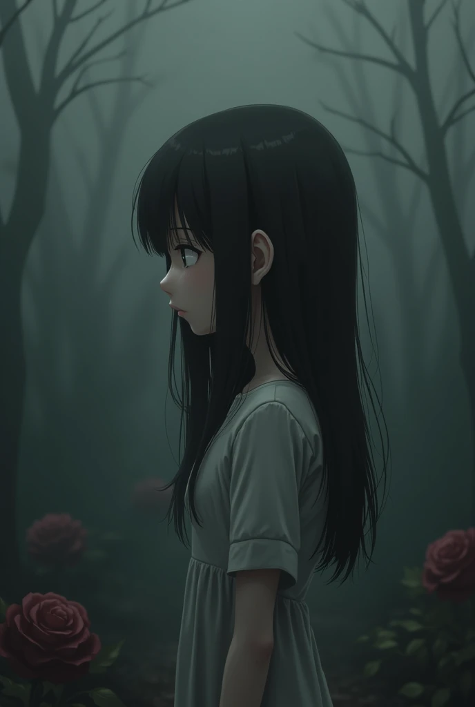 realistic depiction of a young girl with sad, empty expression, long dark hair, wearing a simple dress, standing alone in a dark, gloomy monochrome environment, a single vibrant color (such as a red rose or a beam of light) breaking through the darkness, h...