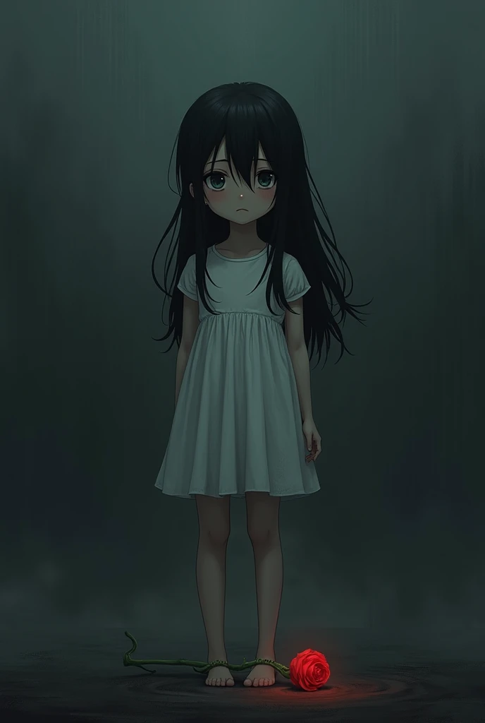 realistic depiction of a young girl with sad, empty expression, long dark hair, wearing a simple dress, standing alone in a dark, gloomy monochrome environment, a single vibrant color (such as a red rose or a beam of light) breaking through the darkness, h...