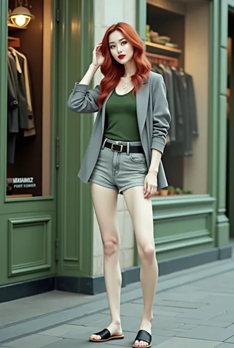 1 woman,beautiful detailed green eyes,beautiful detailed dark red lips,extremely detailed face and long eyelashes,red hair,small grey jacket,green simple tank top,black leather belt,grey denim mini shorts,thin flat black slider slippers,standing in front o...