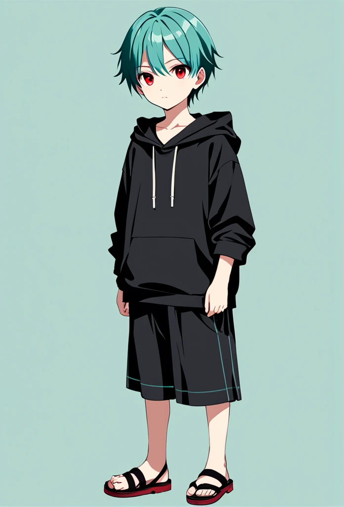 Ten year old boy, solo, black hoodie shirt, black short, sandels, teal hair, scar neck, red eyes, emotionless look