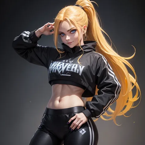 Witch woman, golden blonde hair with ponytail, blue eyes with dark circles, macabre smile, funny hip hop poses. Evil sorcery outfit with modern sportswear, black and grey colors, with bloodstains. Dark warehouse background with crazy yellow lights