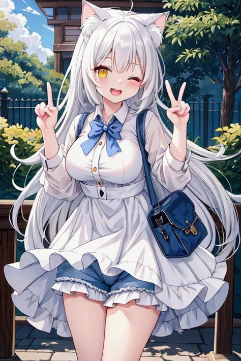 best quality , ultra detailed ,anime style ,One woman, long whitehair, heterochromia,yellow right eye,blue left eye, cat ears, solo,breasts, looking at viewer,1girl, smile, one eye closed,(White dress shirt),(laughing),(denim shorts) 
peace fingers ,outdoo...