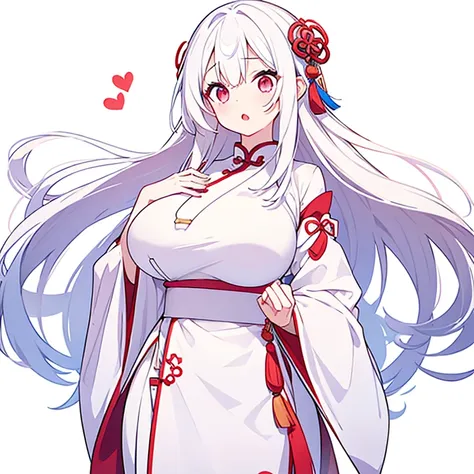 (pure white background)、chinese clothing、large breasts、mouth open、tachi-e、standing still、hands behind back、long white hair