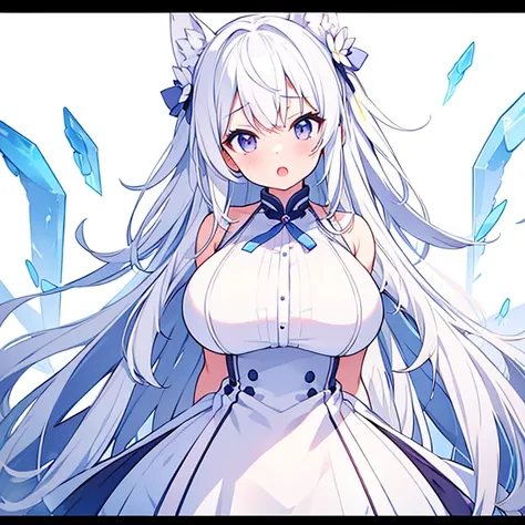 (pure white background)、suit、large breasts、mouth open、tachi-e、standing still、hands behind back、long white hair