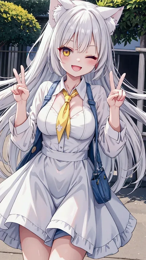 best quality , ultra detailed ,anime style ,One woman, long whitehair, heterochromia,yellow right eye,blue left eye, cat ears, solo, medium breasts, looking at viewer,1girl, smile, one eye closed,(White dress shirt),(laughing),(denim shorts) 
peace fingers...