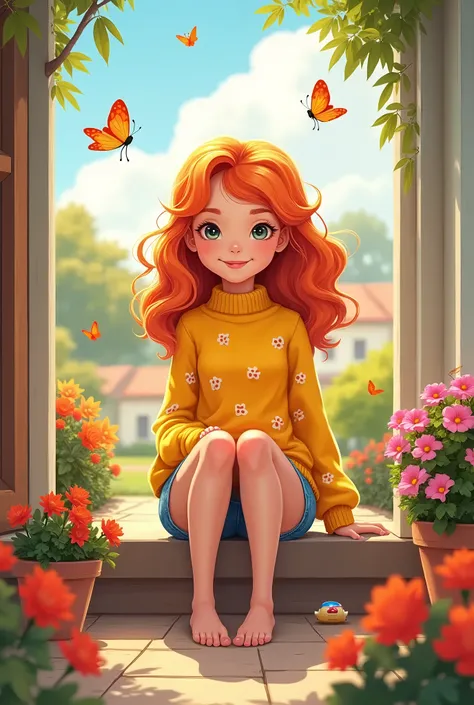 "Illustrate a cheerful girl named Cheeto with soft, wavy orange hair and a warm smile. She’s wearing a cozy, colorful outfit with subtle Cheetos-inspired patterns, like a cheerful yellow sweater and denim shorts. She’s sitting on a front porch surrounded b...