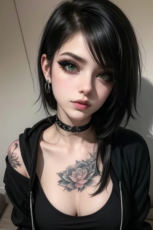 (best quality, 4k, 8k, high resolution, masterpiece: 1.2), ultra detailed, (realistic, photorealistic: 1.37), ((1 attractive young girl: 1.3)), emo hairstyle, black lips, choker, eyeliner, eyeshadow, mascara, smoky eyes, beautiful detailed green eyes, PERF...