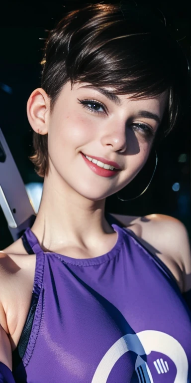 Photo of a  European girl, .RAW, beautiful woman,freckles on cheeks and chest ,beautiful blue eyes(Light brown hair pixie haircut),pixie hair cut ((portrait)), ((detailed face:1.2)), ((Detailed facial features)), (finely detailed skin), Pale skin,park, lon...