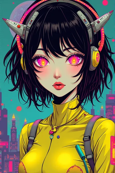 ((best quality)), ((masterpiece)), (detailed), perfect face of cyberpunk mecha japanese girl, neon rainbow eyes, neon yellow body, rainbow hair, ((monochromatic neon rainbow color palette)), surreal, art nouveau, in the illustrative style of moebius, space...