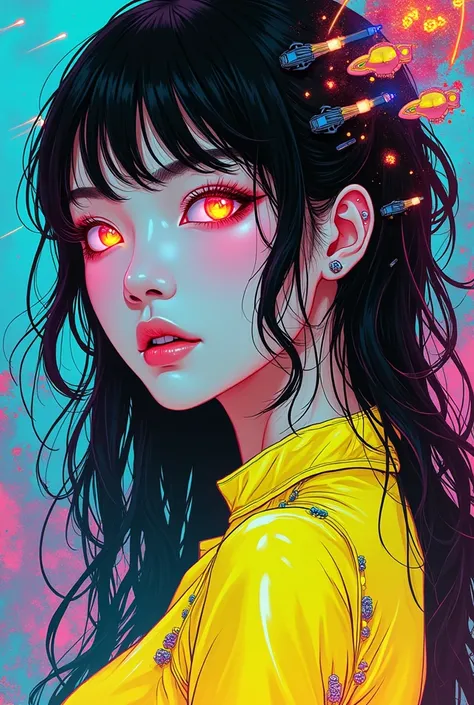 ((best quality)), ((masterpiece)), (detailed), perfect face of cyberpunk mecha japanese girl, neon rainbow eyes, neon yellow body, rainbow hair, ((monochromatic neon rainbow color palette)), surreal, art nouveau, in the illustrative style of moebius, space...