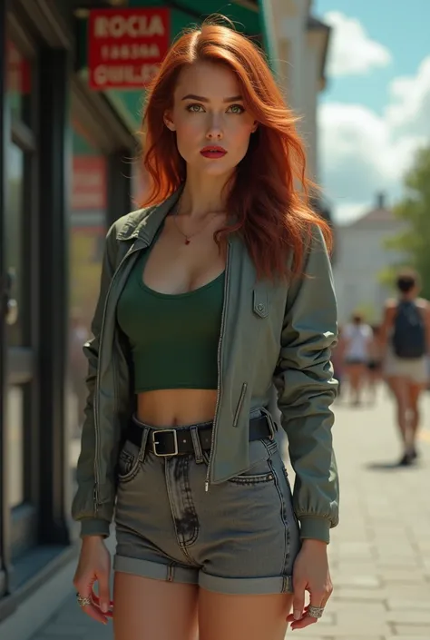 1 beautiful Russian woman,beautiful detailed green eyes,beautiful detailed dark red lips,extremely detailed face and long eyelashes,red hair,small grey jacket,green simple tank top,black leather belt,grey denim mini shorts,thin flat black slider slippers,s...