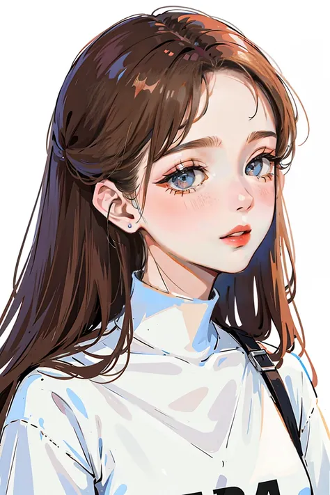 a beautiful girls wearing a white crop top, manhwa style, portrait, brown hair, big eyes, aegyo sal, rosy cheek, gradient lips, ultra realistic, anime style, hyperrealistic photography, white background,