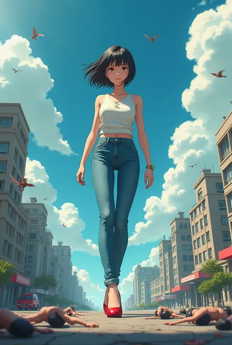 Big girl in jeans walking over city miniature toys，girl looking down at the city，girl wearing high heels Short Hair, Anime, From Below, with tiny dead bodies under her foot, and tiny dead bodies under her high heels sole