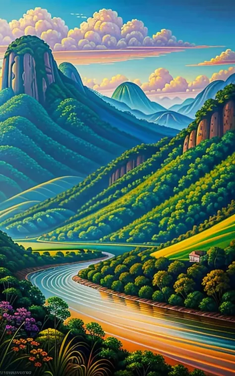 pintura de um Rio que atravessa um vale verde exuberante com montanhas ao fundo, Flowing hills, 8K resolution digital painting, 8K resolution digital painting, 4K Digital Painting, 4K Digital Painting, Digital Paint detalhada, Low detail. Digital Paint, Hi...