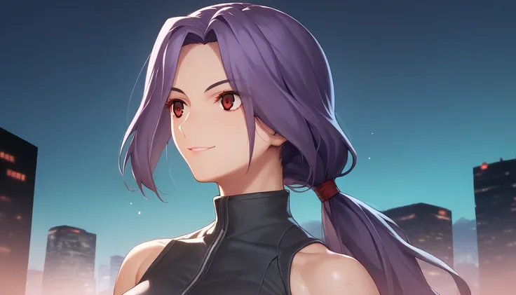 Score_9, Score_8_up, Score_7_up, One Girl,smile, Hirokazu Koyama ,Sweaty,sexy,Pixel Perfect,Large Breasts,Anatomically correct, Masterpiece Highly detailed,8k,indoor,(Fits your body,Rider Suit,Sleeveless,Thin fabric),, Red eyes, ( Long Hair, Purple Hair, P...