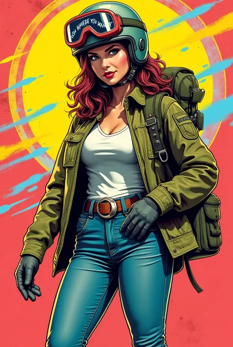 Inspired by the iconic styles of Andy Warhol and Roy Lichtenstein, This bold pop art masterpiece is a bold, Cute and beautiful woman smiling wearing a military jacket, Jeans and sturdy boots, Put on a helmet and ride a vintage bike, Goggles and gloves, My ...