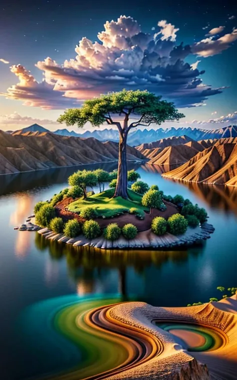 masterpiece, Best Quality, High image quality, Very detailed Cg Unity 8K wallpaper,Ecological Landscape ,a valley forgotten by time,Huge,,Baking Soda Lake。,Tamarind,Miniature,Award-winning photography, Bokeh, Depth of written boundary, high dynamic range, ...