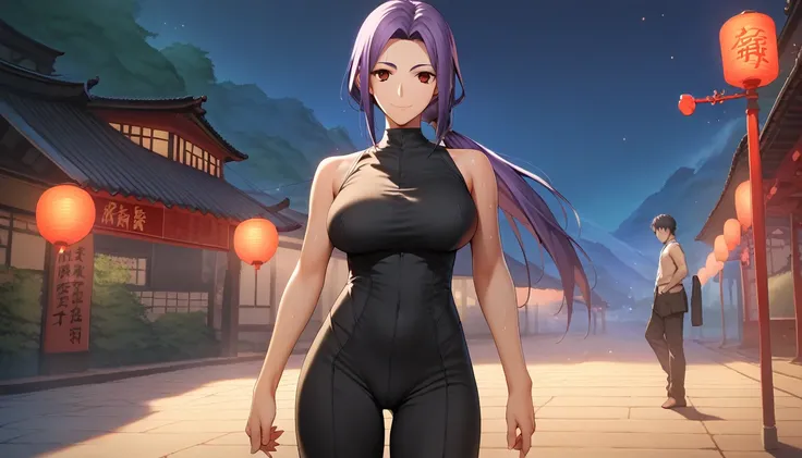 Score_9, Score_8_up, Score_7_up, One Girl,smile, Hirokazu Koyama ,Sweaty,sexy,Pixel Perfect,Large Breasts,Anatomically correct, Masterpiece Highly detailed,8k,indoor,(Fits your body,Rider Suit,Sleeveless,Thin fabric),, Red eyes, ( Long Hair, Purple Hair, P...