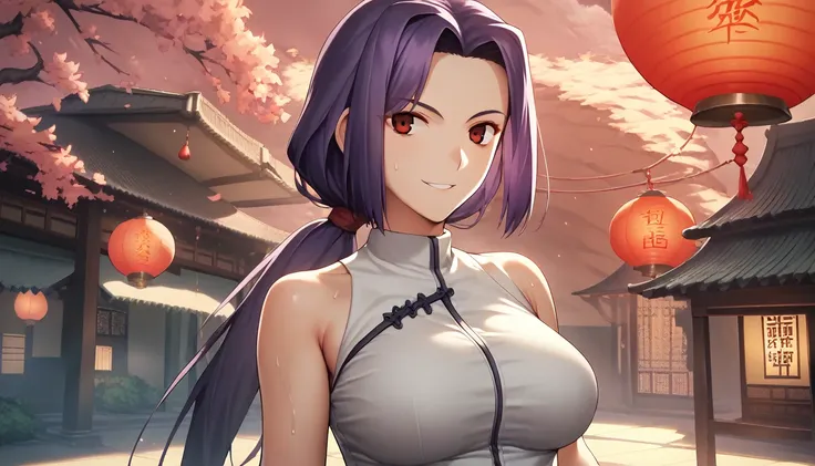 Score_9, Score_8_up, Score_7_up, One Girl,smile, Hirokazu Koyama ,Sweaty,sexy,Pixel Perfect,Large Breasts,Anatomically correct, Masterpiece Highly detailed,8k,indoor,(Fits your body,Rider Suit,Sleeveless,Thin fabric),, Red eyes, ( Long Hair, Purple Hair, P...