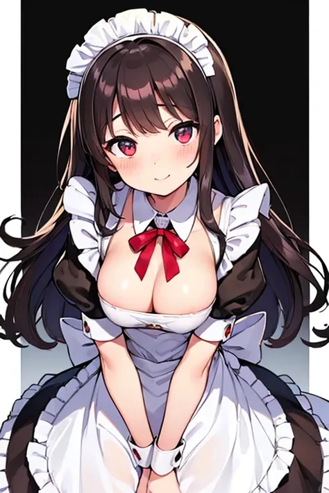 ((Beautiful maid:1.5),High resolution, Best Quality),Wearing maid uniform,Soft hands, Big, bright eyes, Dark and vibrant curly hair, A kind smile, Rosy Cheeks, Soft light, Pure white background,Red collar,Punishment,sweat,juice,sex toy,Insert