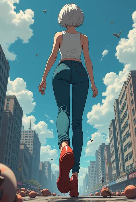 Big girl in jeans walking over city, girl looking down at the city，girl wearing high heels Short Hair, Anime, From Below, with tiny dead bodies under her foot, she is stepping on the tiny people and killing them under her foot, there are tiny people stuck ...