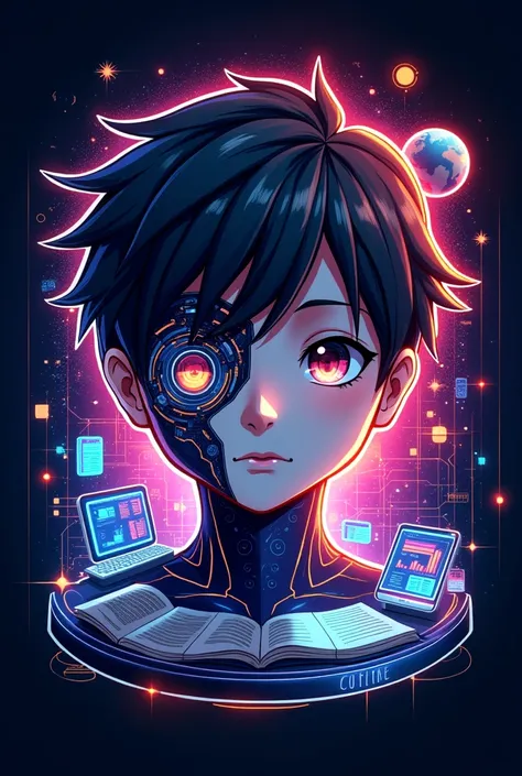 Create a logo image for your  page profile ( technological neon hues color image, that has to do with school, education, book reading, newspaper, cellular, computer) put in the logo, the face of an anime style boy, the boy&#39;s face, metade humano, half r...