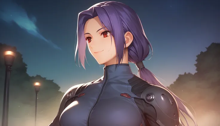 Score_9, Score_8_up, Score_7_up, One Girl,smile, Hirokazu Koyama ,Sweaty,sexy,Pixel Perfect,Large Breasts,Anatomically correct, Masterpiece Highly detailed,8k,indoor,(Fits your body,Rider Suit,Sleeveless,Thin fabric),, Red eyes, ( Long Hair, Purple Hair, P...