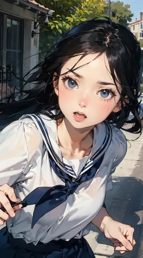 An anime-style illustration of a cute long-haired girl with black hair, running frantically in a residential street during the morning. Her upper body is emphasized, and her face is shown at a dramatic diagonal angle, conveying a sense of urgency. She is w...