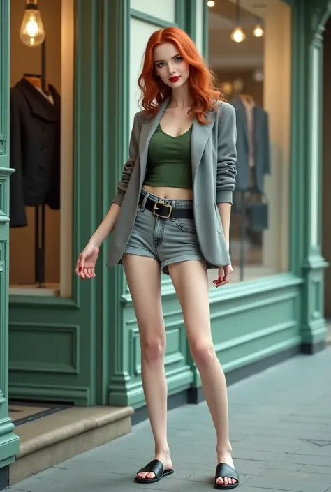 1 beautiful Russian woman,beautiful detailed green eyes,beautiful detailed dark red lips,extremely detailed face and long eyelashes,red hair,small grey jacket,green simple crop tank top,black leather belt,grey denim mini shorts,thin flat black slider slipp...