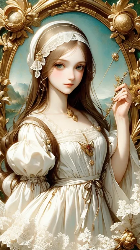 À la Fed image of a girl in a white lace dress and Leonardo da Vinci&#39;s notebooks in the background, Attractive young elegant figure, Magical Girl Portrait, Portrait of a young witch girl, Girl in steampunk clothes, Music girl in lace clothes, Natalia D...