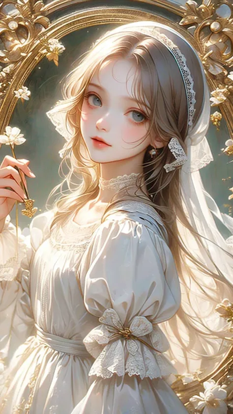 À la Fed image of a girl in a white lace dress and Leonardo da Vinci&#39;s notebooks in the background, Attractive young elegant figure, Magical Girl Portrait, Portrait of a young witch girl, Girl in steampunk clothes, Music girl in lace clothes, Natalia D...