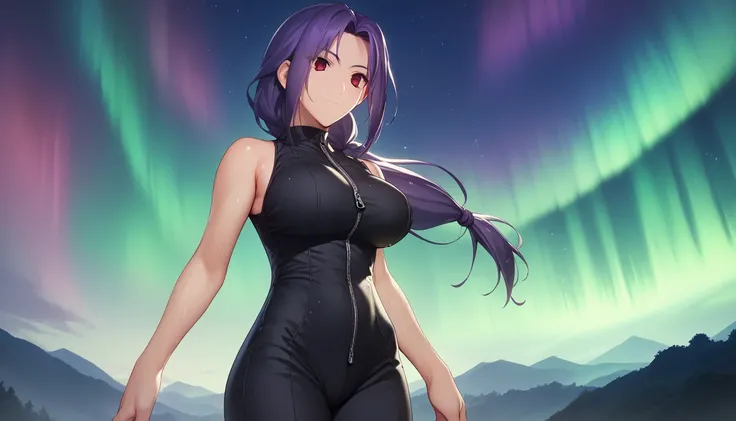 Score_9, Score_8_up, Score_7_up, One Girl,smile, Hirokazu Koyama ,sexy,Pixel Perfect,Large Breasts,Anatomically correct, Masterpiece Highly detailed,8k,indoor,(Fits your body,Black rider suit,Sleeveless,Thin fabric,Wet with sweat,The zipper was lowered to ...