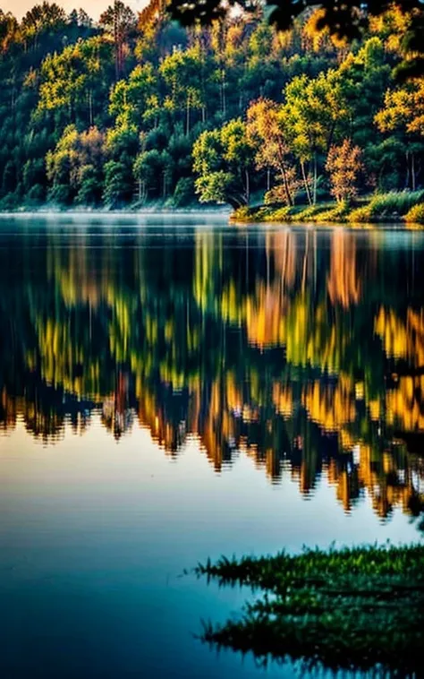 Beautiful natural scenery、The delicate colors and soft light are captured in the photograph.。Cloud flow、tree々Shading of、Mirror-like image on the lake surface、Expressing the mysterious charm of nature。