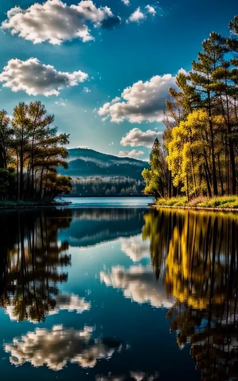 Beautiful natural scenery、The delicate colors and soft light are captured in the photograph.。Cloud flow、tree々Shading of、Mirror-like image on the lake surface、Expressing the mysterious charm of nature。