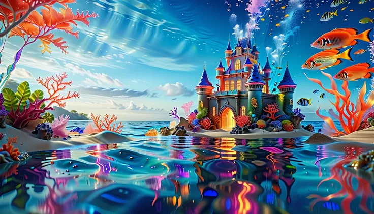 A Masterpiece In 32K Resolution, Supreme Quality, Super Detail, Official Art, Very High-Resolution 32K Wallpaper, Mystical And Surreal, Ultra-Detailed Features, Oceanic Splendor. A Vibrant Coral Reef Teems With Life, As Schools Of Colorful Fish Swim Gracef...