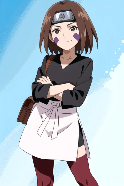 1girl, solo, brown hair, brown eyes, waist apron, short hair, forehead protector, smile, black shirt, facial mark, full body, lo...