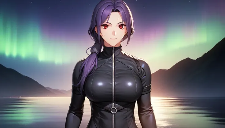 Score_9, Score_8_up, Score_7_up, One Girl,smile, Hirokazu Koyama ,sexy,Pixel Perfect,Large Breasts,Anatomically correct, Masterpiece Highly detailed,8k,(Fits your body,Black rider suit,Sleeveless,Thin fabric,Wet with sweat,She lowered the zipper from her n...