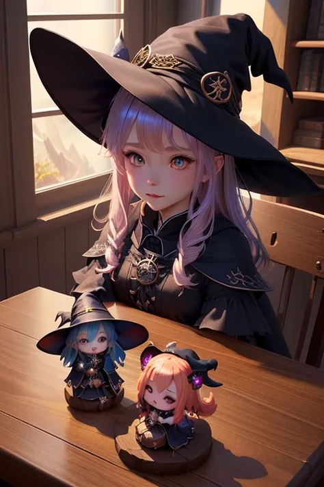 Chibi、two s dressed in witch hats sitting at a table, witchのおとぎ話, Adorable digital painting, witch, Reusch and Woollop, Fantasy Matte Painting，cute, cute detailed digital art, cute 3 d render, Urop and Rostran, Reusch and Ross Tran, witchアカデミア, fantasy art...