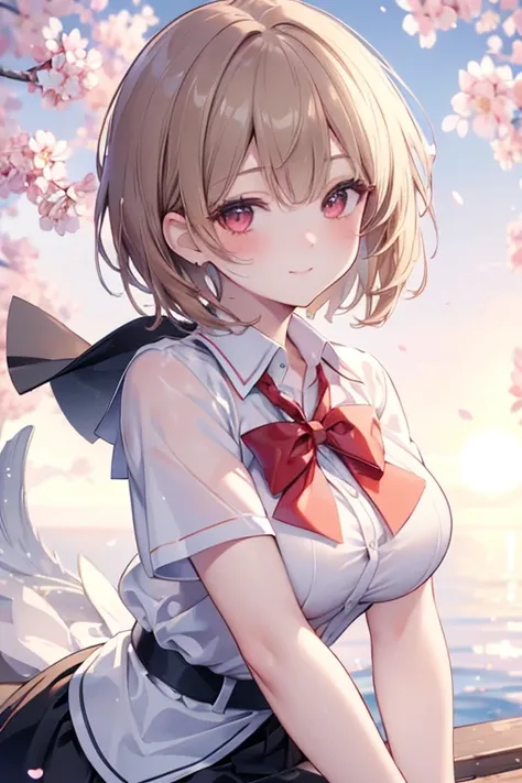 ((masterpiece, best quality, high resolution, UHD, pixel perfect, depth of field, 4k, RTX, HDR)), 1girl,single, solo, 1, beautiful anime girl, beautiful art style, anime character, ((short hair , bangs, Light brown hair,)), (red eyes:1.4, round eyes, beaut...