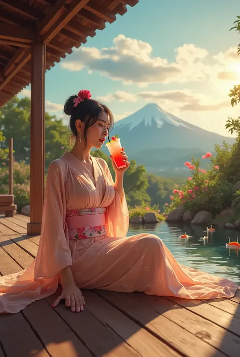 Surreal full body, super detailed, extremely detailed, A summer scene of the Japanese countryside. A very beautiful and seductive woman, wearing a light, super seductive transparent luxury Yukata, showing off her big beautiful eyes and smile very attractiv...