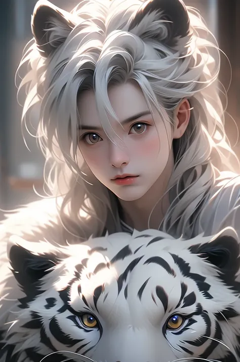 Absurd, High resolution, Full Shot, (One White Tiger cub:1.3), Long Hairstyles,Dressed in white adult clothes, (The vivid expressions are incredibly realistic), Sweet, Breaking the best quality, masterpiece,(Realistic:1.4), RAW Photos, Cutout Scene, Very d...