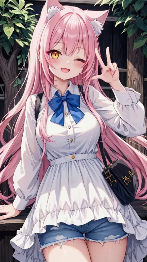 best quality , ultra detailed ,anime style ,One woman, long pinkhair, heterochromia,yellow right eye,blue left eye, cat ears, solo, medium breasts, looking at viewer,1girl, smile, one eye closed,(White dress shirt),(laughing),(denim shorts) 
peace fingers ...