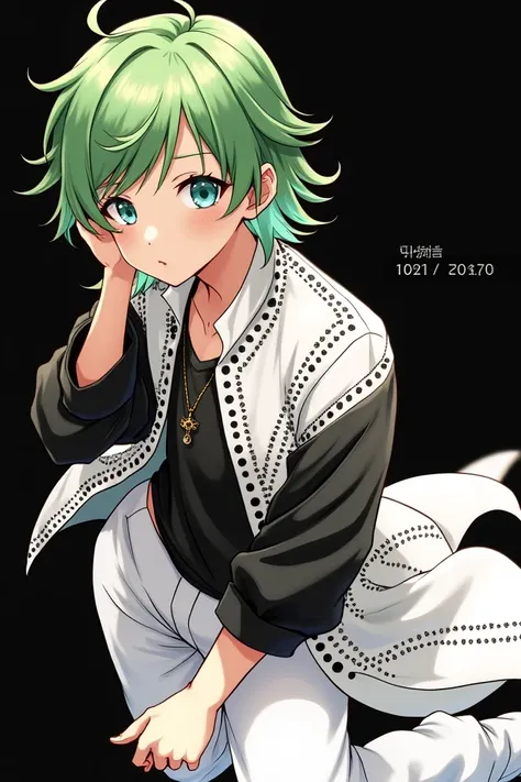 gold chain, jacket white with small black dot on it and white long pant
green hair male animestyle