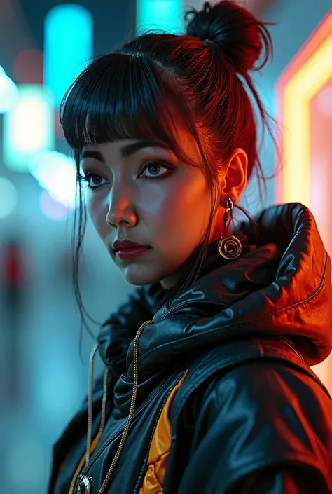 Wearing cyberpunk complex streetwear, beautiful, girl, detailed portrait, 4 K, bright colors, concept art, cinematic dramatic atmosphere, sharp focus, volumetric lighting, cinematic lighting, studio quality