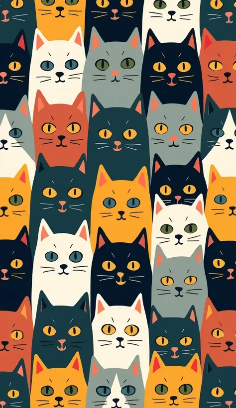 A mesmerizing seamless pattern composed of a diverse and lively assortment of stylized cat faces. The minimalist design embraces a spectrum of color combinations, featuring black cats with yellow eyes, grey cats with green eyes, white cats with blue eyes, ...