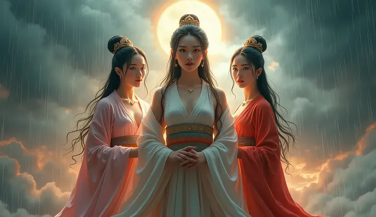 Highest quality, Super detailed, (Ultra-high resolution,8k), Ultra-high definition 4K, (The three pure shrine maidens), (In a ring), (High-quality facial beauty), (In the Storm:1.2), (Photorealistic), (Detailed big breasts), Soft Skin, Glowing Skin, Bright...