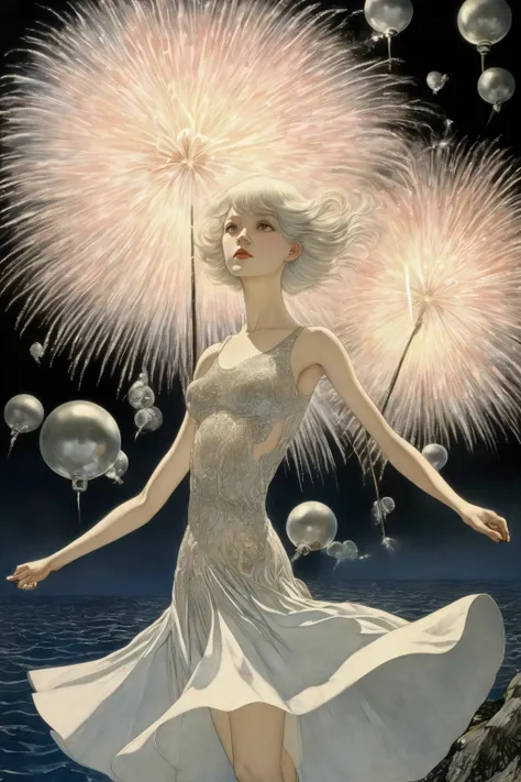 Kay Nielsen, Jan Toorop,  Ana Oncina, Mario Laboccetta, Sofia Chiostri, Surrealism, wonder, strange, bizarre, fantasy, Sci-fi, Japanese anime, underwater fireworks, miniskirt beautiful girl who brings summer, perfect voluminous body, cumulonimbus and gramo...